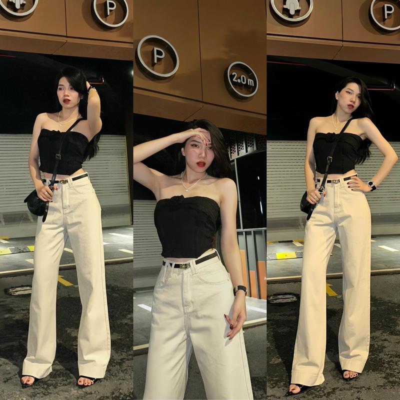 YURI JEANS - Mã5146 Quần Jean Nữ Ống Suông Phối Day Lưng Xéo Chữ N Màu Be Women Pants Ong