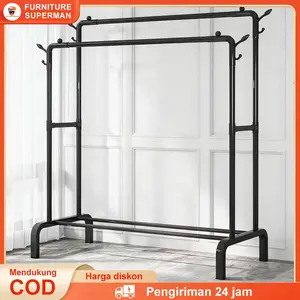 Dua lapis Rak Gantungan Baju Gantungan Baju Berdiri Besi Kuat Gantungan Baju Estetik 120cm*50cm*152cm Plastik Putih Gantungan sepatu terikat rak sandal dan sepatu tempat baju kotor non-pengeboran random holder & rak penyimpanan raksepatu