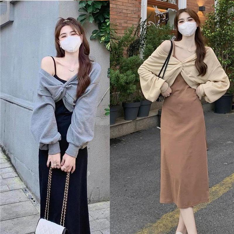  Set 2 món len tay dơi xoắn bụng áo mặc 2 kiểu mix chân váy bút chì TTN388 Nữ Top 