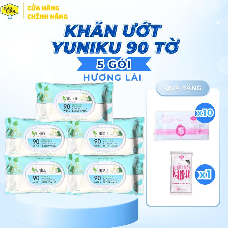 Combo 5 Khăn ướt cao cấp 90 Tờ Yuniku Hương lài không cồn không paraben có thể sử dụng cho em bé, Trẻ sơ sinh Voi