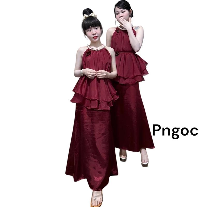 (TẶNG DÂY HOA) SET ÁO CỔ NGỌC voan nhũ (3 lớp)+ chân váy đuôi cá phi bóng( 2 lớp) Nữ Women Dress