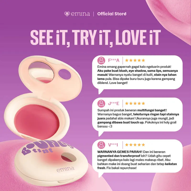 NEW! Emina Bouncy Tint 3 in 1 Lip, Cheek, & Eye - Blurry Lip Color, Lasting Stain, dilengkapi dengan SPF 15 PA+++, Marshmallow Mochi Pudding Longlasting Blush On Lip Tint Eye Shadow 6