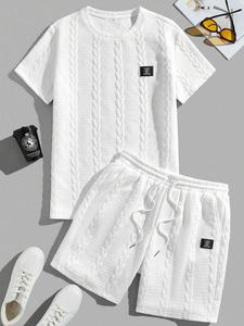 メンズ 無地 テクスチャード パッチド tシャツ & ドローストリング ショーツセット、レギュラーフィット カジュアル ラウンドネック 半袖 tシャツ & ポケット付き ショーツ、メンズ サマーウェア