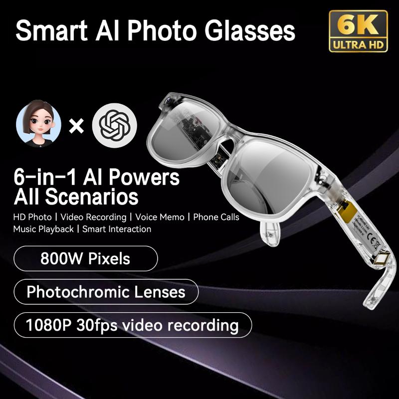 6K AI Smart Glasses Camera Bluetooth Call Voice Assistant Music Player Translate Multifunctional Photochromic Glasses For Xiaomi