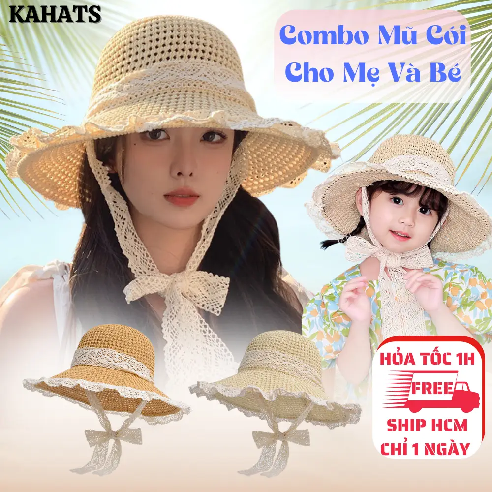 Mũ Cói Đi Biển Kahats Rộng Vành Phối Ren Xinh Xắn Cho Nữ Gấp Gọn Tiện Lợi Không Bị Mất Form