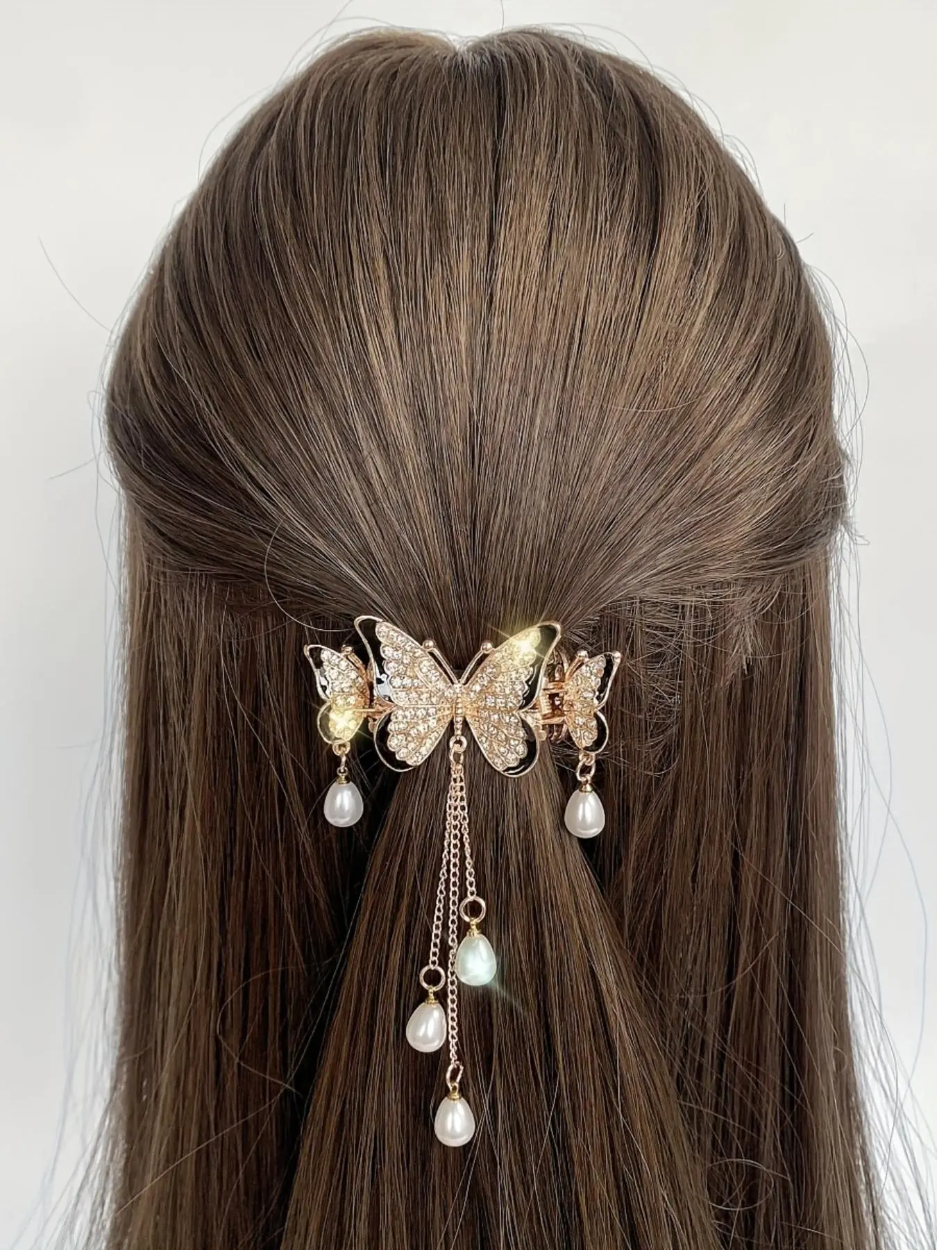 Rhinestone Contrast Binding Butterfly Decor Hair Claw, Elegant Faux Pearl Tassel Decor Half up Ponytail Hair Claw Clip for Women