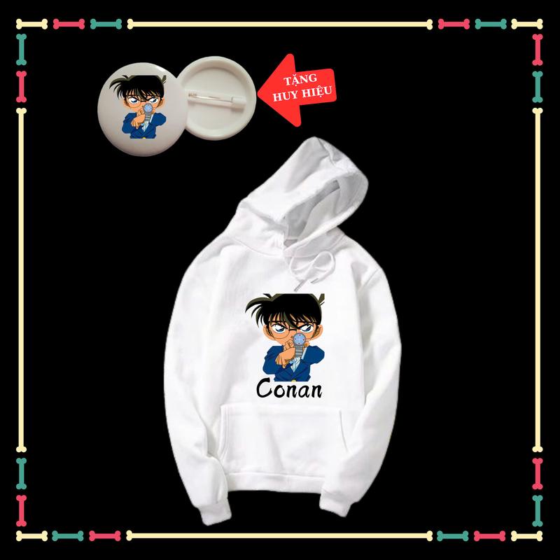 Áo Khoác Hoodie in hình Conan thám tử lừng danh dài tay thu đông trẻ em, màu trắng, vải nỉ có mũ-Kèm huy hiệu 6
