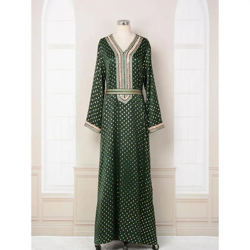 2025 Middle East Women's New V-neck Abaya Robe Muslim Large Swing Long Dress Bronzing Dress 5
