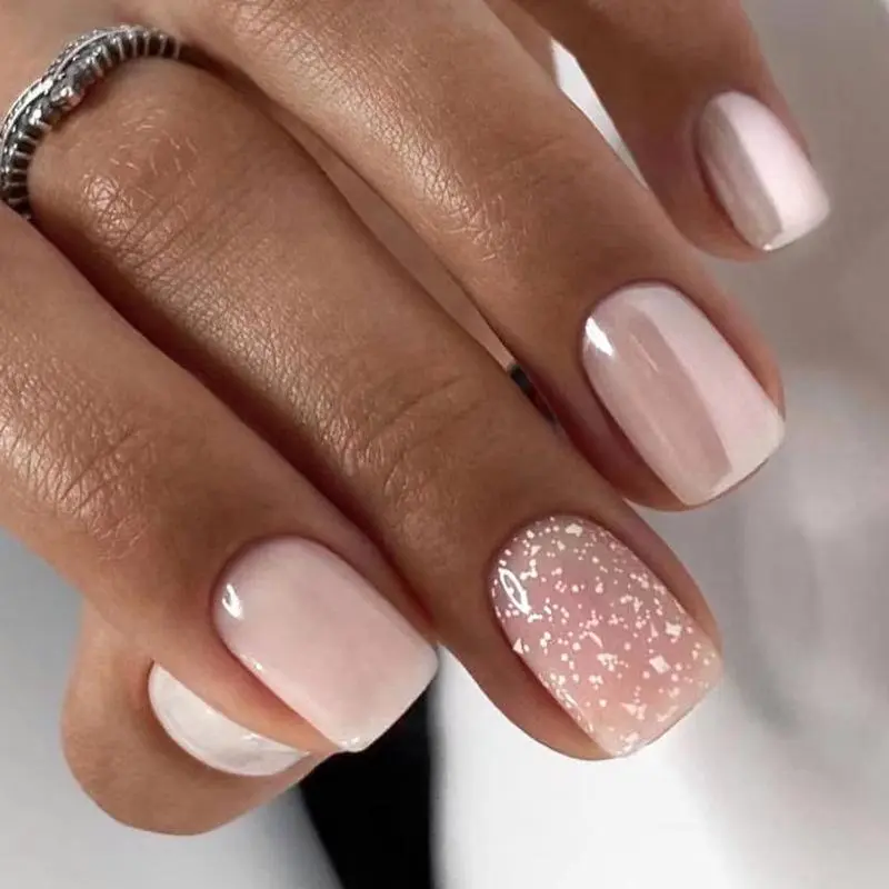 Aesthetic Glossy Glitter Press on Nails, 24pcs/set French Style Short Square Fake Nails for Women & Girls, Removable Nail Art Artificial Full Cover Tips, Nail Supplies, Valentine's Day Gift