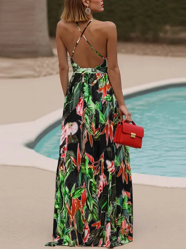 Women's All Over Print Backless Long Dress, Boho Sleeveless Maxi Dress for Beach Holiday Vacation, Ladies Clothes for All Seasons 1