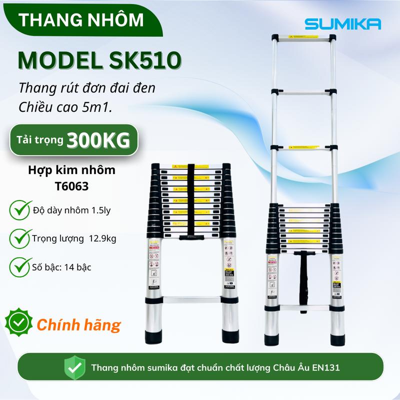 Thang nhôm rút đơn Sumika SK510, chiều cao 5.1m, chân đế tròn
