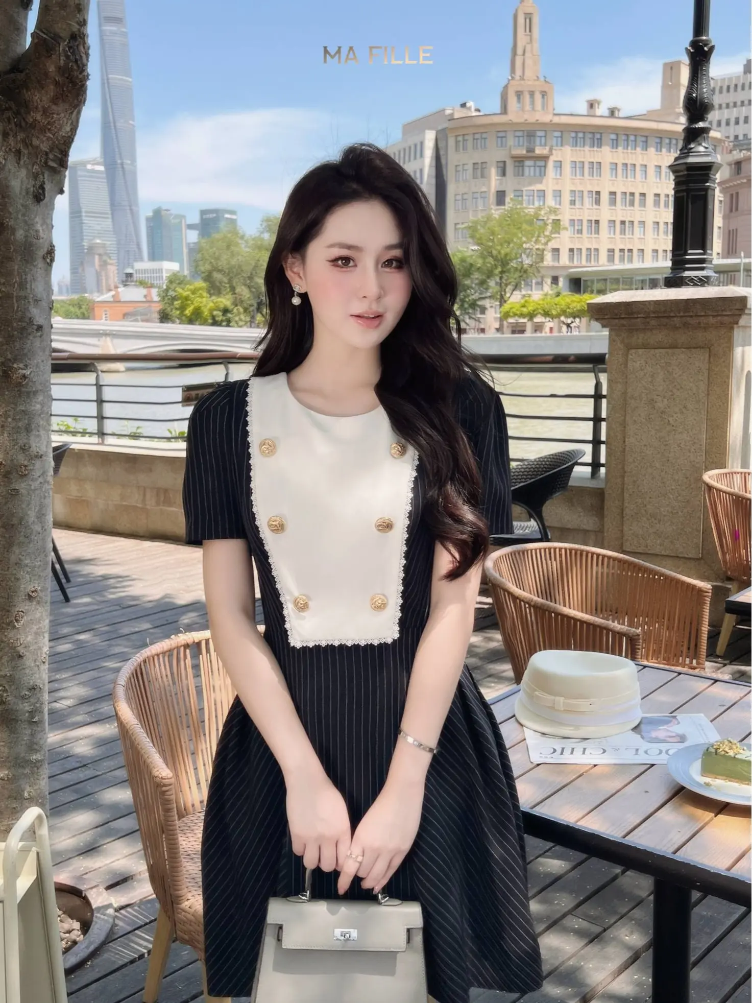 (MA FILLE) KRISTEN DRESS - váy xanh than xọc trắng