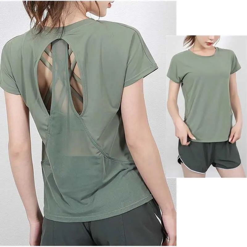 Yoga Sexy Backless Quick drying T  Fiess Sports Top Women's Loose Running Short Sleeves