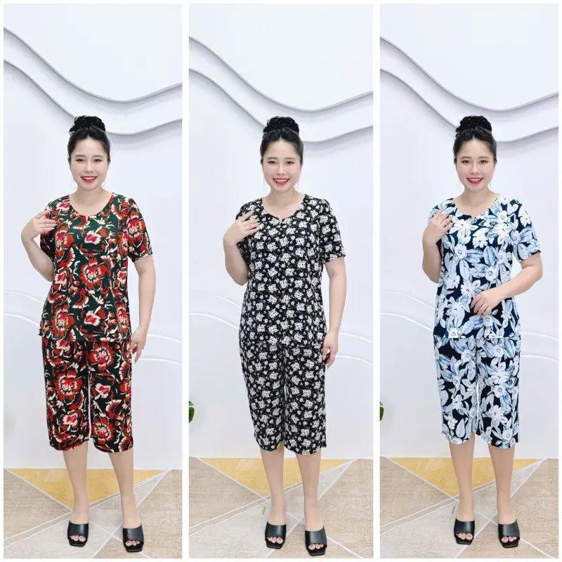 T129 Set đồ trung niên, set bộ cho mẹ mùa hè vãi lụa mango mềm mát, quần lững, 50-80kg