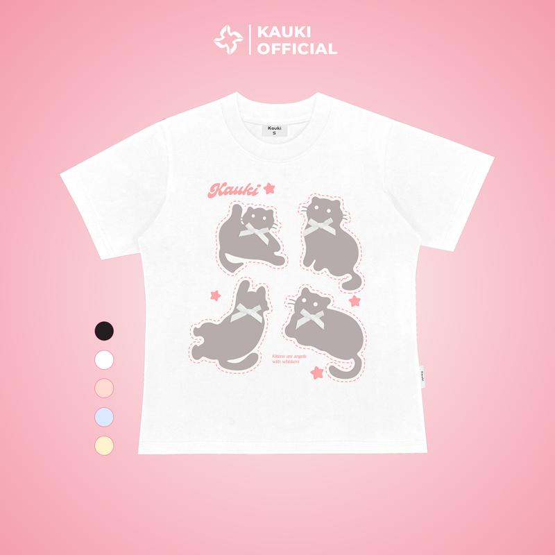 Áo Baby Tee Cotton Kauki Mèo Cưng Nghịch Nơ Form Ôm Cổ Tròn Tay Ngắn 250gsm Nữ Top Đáng Yêu BBT14  Thun Women Voi