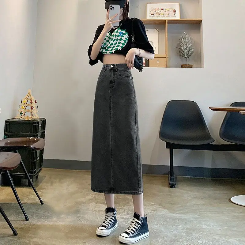 Chân Váy Denim, Xẻ Tà Lưng Màu Đen, Phong Cách Hepburn, Dài Trung Bình Dành Cho Mùa Hè Của Phụ Nữ, Váy Bodycon Cạp Cao Bó Sát Chữ A, Che Gọn Eo