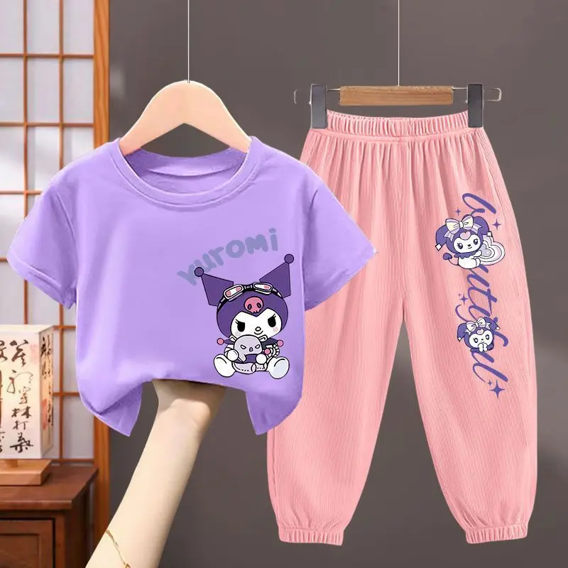 Sut Baju-T Perempuan, Gaya 2024, Rekaan Baru, Kartun Clow Miyang, Pakaian Musim Panas, Kasual, Lengan Pendek, Diperbuat daripada Sutera Ais, Bingkap, Set Dua Keping, Nipis dan Fesyen