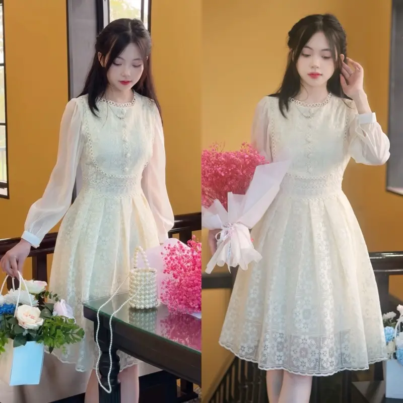 MiiuShop- Váy ren dáng lỡ xoè dài tay tơ