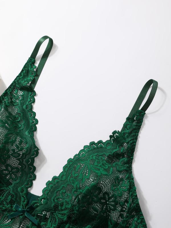 【Plus Size】 Floral Lace V Neck Backless Cami Bodysuit, Elegant Contrast Lace Spaghetti Strap Bodysuit for Women, Women's Sleepwear for All Seasons 4