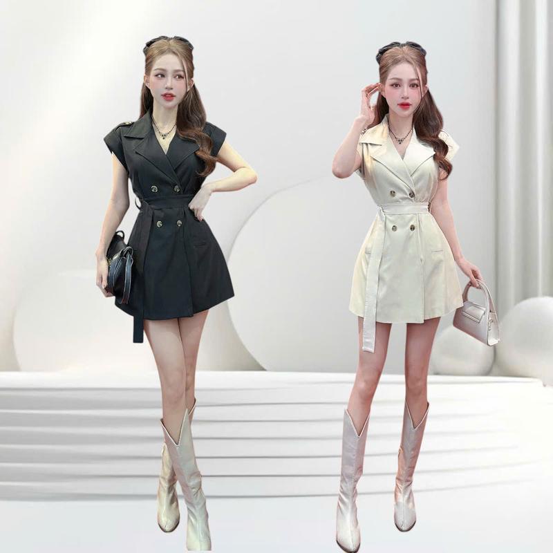 Set măng tô thiết kế CRAZYTEEN S5741 dành cho nữ gồm áo kiểu tay ngắn form rộng dáng dài và quần short để đi chơi ( Áo măng tô/ Quần short/ Dây belt )