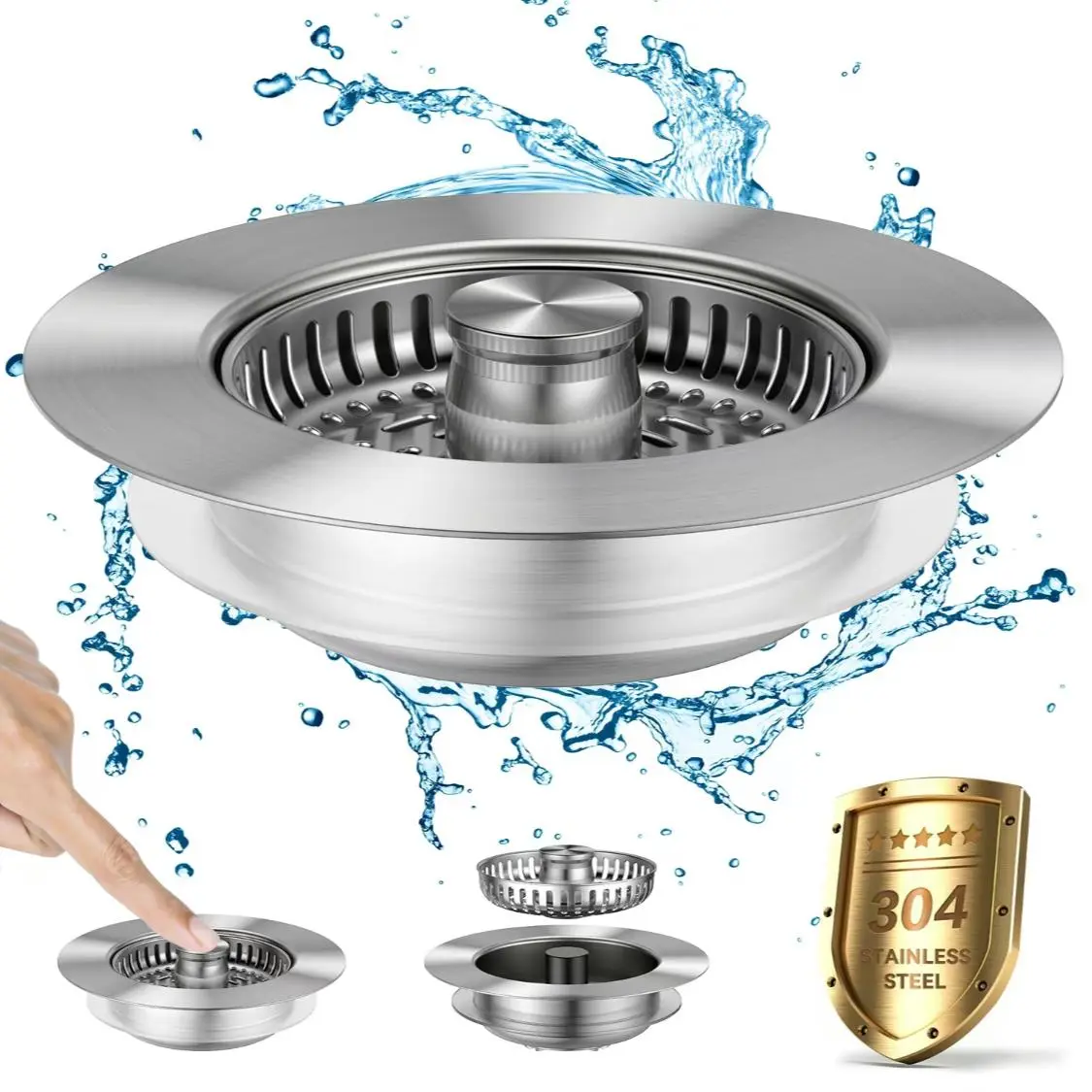 3-in-1 Kitchen Sink Drain Strainer, 1/2 Counts Stainless Steel Sink Plug, Deodorizing Anti-clog Basket Strainer for 3-1/2 Inch Drains, Home Goods