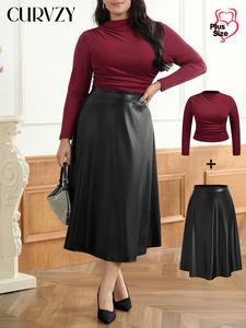 CURVZY Plus Size Two-Piece Set Solid Ruched Stand Collar Top & Skirt, Casual Fashion Cozy Outfits for Daily Outdoor Wear, Women Clothing