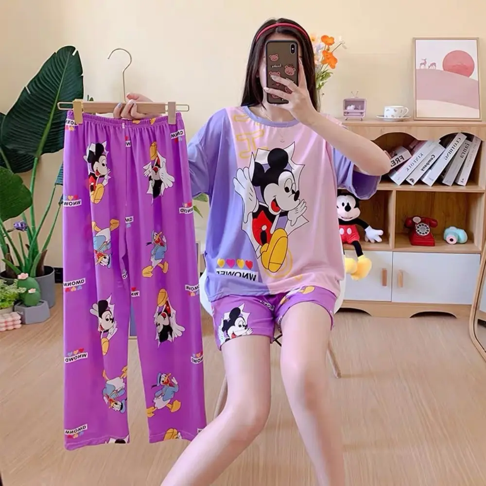 Women's Comfortable Cartoon Printed Pajamas Three Piece Set Short Sleeve Shorts Pants Loungewear Nightwear Womenswear