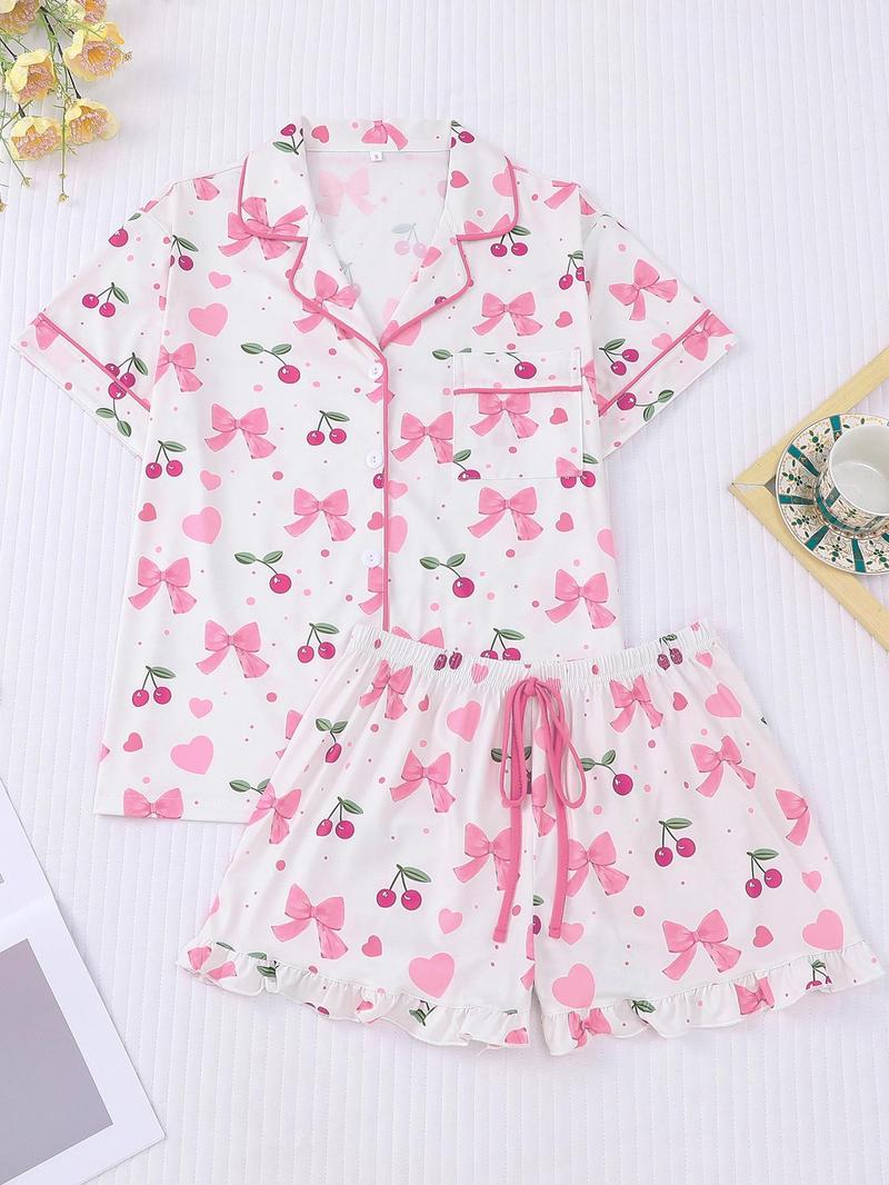 Product Introduction of Women's All Over Bow Print Short Sleeve Lapel Neck Shirt & Bow Decor Elastic Waist Shorts Pajama Two-Piece Set, Casual Comfy Button Front Chest Pocket Design Top & Ruffle Hem Shorts PJ Set, Ladies Sleepwear for Summer 2