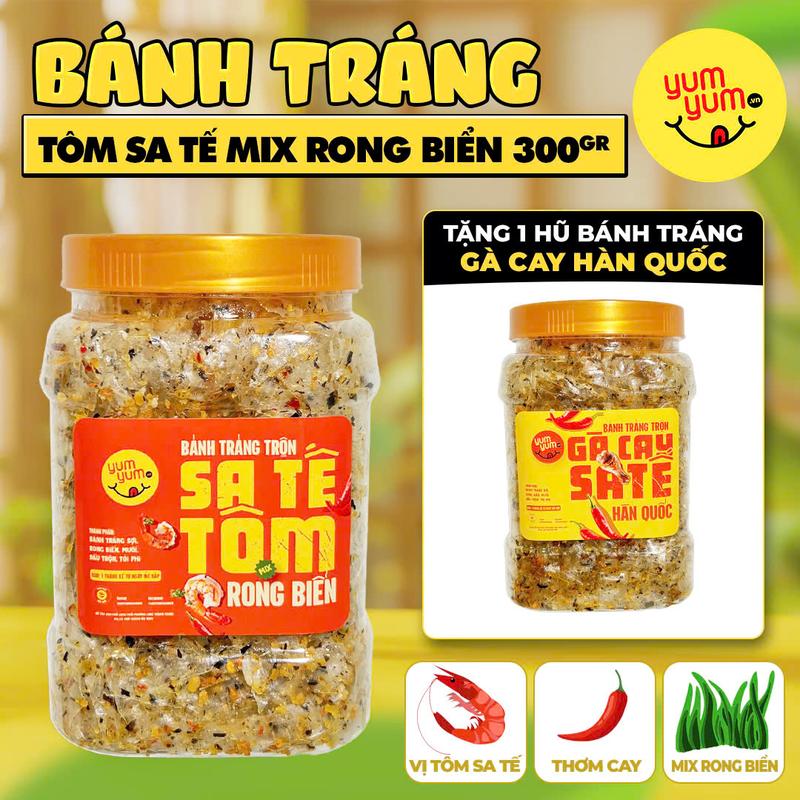 Mua 1 Tặng 1 Bánh tráng sợi vị Sa tế tôm mix rong biển hũ lớn 300gr Ăn Vặt YumYum Food - Cay Thơm Giòn Tan - Snack - Tặng 1 Hũ gà cay 100gr
