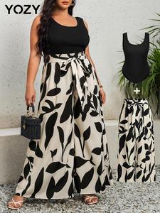 Yozy Tummy Control Tank Bodysuit & Leaf Print Elastic Waist Pants Set/ Scoop Neck Sleeveless Bodysuit & Belted Wide Leg Trousers Comfy Two Piece Sets , 2024 Women's Plus Size Outfits for Summer Daily Wear, Evening Outfits on Holiday