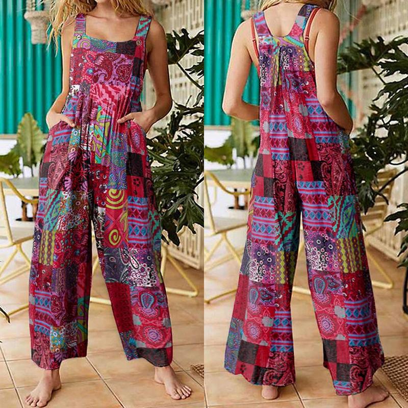 Product Introduction of Women Summer Overalls, Multicolor Ethnic Style Square Neck Sleeveless Casual Jumpsuit with Pockets for Girls, Red/Blue 47