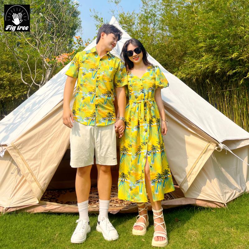 Đồ Đôi Fig Tree giá lẻ 1 sp - Áo Nam Và Đầm Nữ Họa Tiết Hoa Lá Vàng Tươi Nổi Bật Dành Cho Tình Nhân Chất Kate Thái Mịn Mát Phù Hợp Cho Tình Nhân Hẹn Hò Đi Biển Du lịch.
