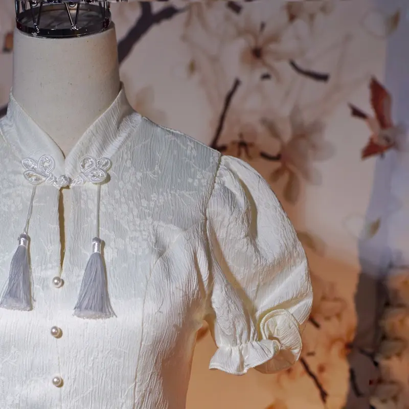 NV568 Váy tết 2024 sườn xám cách tân Váy nữ xinh dáng chữ a vải gấm hoa phối voan Women Dress Kem 2