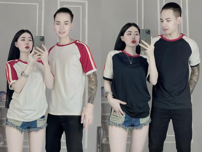 Áo thun cặp đôi nam nữ cổ tròn phối màu đỏ mẫu mới về cực hot