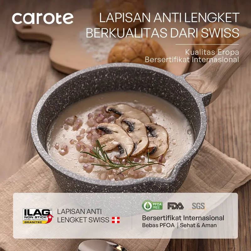 CAROTE Panci Susu Satuan 16/18/20cm Lapisan Granit Anti Lengket Dilengkapi Dengan Tutup Kaca Cocok Untuk Semua Jenis Kompor Mudah Dibersihkan Free PFOA Essential Woody Hitam 1