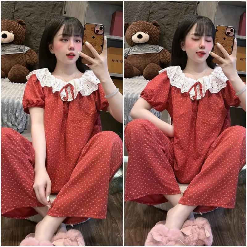 Bộ Ngủ Nữ Hoa Nhí Bệt Vai Vải Đũi Mềm Free Size 40-58kg Women Áo Voi Nhung Ren