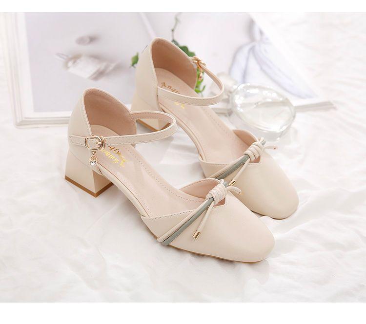 Product Introduction of Toe Box Shoes Women's High Heels Mid Heel Summer Chunky Heel Square Toe Hollowed Sandals Buckle All-Match Shallow Mouth Low Heel Shoes 5