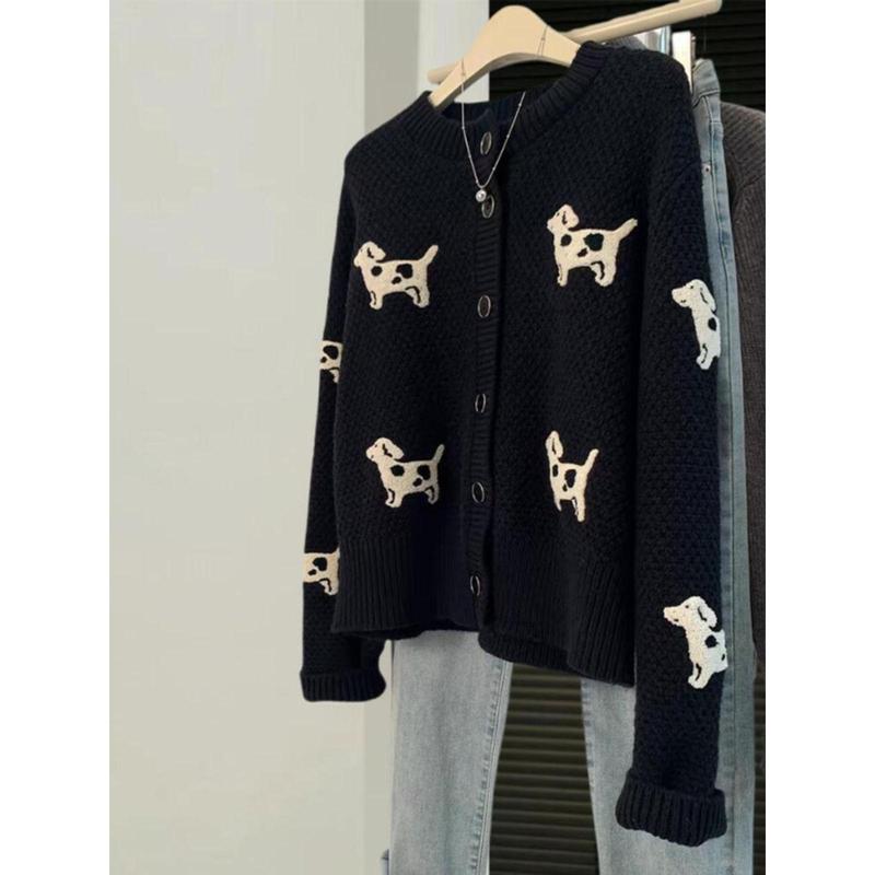 Áo Len Cardigan Dệt Kim Cho Chó chó Con, Màu Đen, Dành Cho Nữ, Dáng Rộng Vừa Vặn, Phong Cách Lười Biếng, Thích Hợp Cho Mùa Thu Và Mùa Đông, Hàng Mới Về Năm 2024