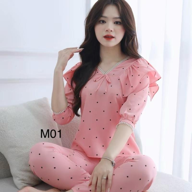 Size 37kg-68kg Quần áo nữ tay lỡ quần dài mặc nhà hè thu lụa hàn mềm mát có bigsize nhiều màu set bộ sau sinh l đồ bộ thiết kế sang chảnh Women Top Cạp Cao