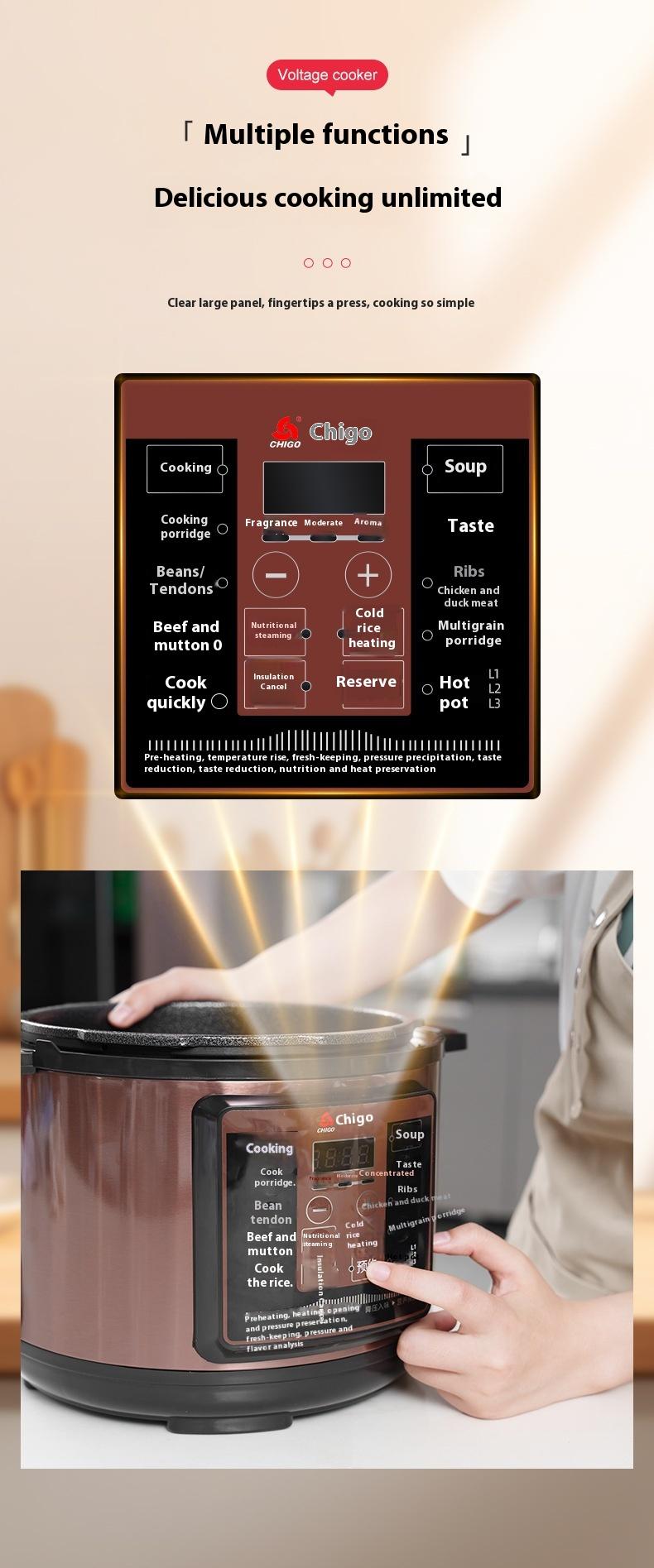 Product Introduction of Chigo Electric Pressure Cooker 5L Multi-Function Large Capacity Pressure Cooker Household Rice Cooker Non-Stick Inner Pot Electric Pressure Cooker 4