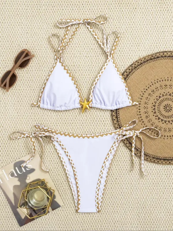 Women's Colorblock & Floral Patchwork Print Bikini Set, Swimming Costume Women, Casual Tie Back Triangle Swim Bra & Tie Side Swim Thong, Two-piece Swimsuit for Women Summer Beach Holiday Vacation Swimming, Bikinis Sets, Bathing Suits, Bikini Outfits 2