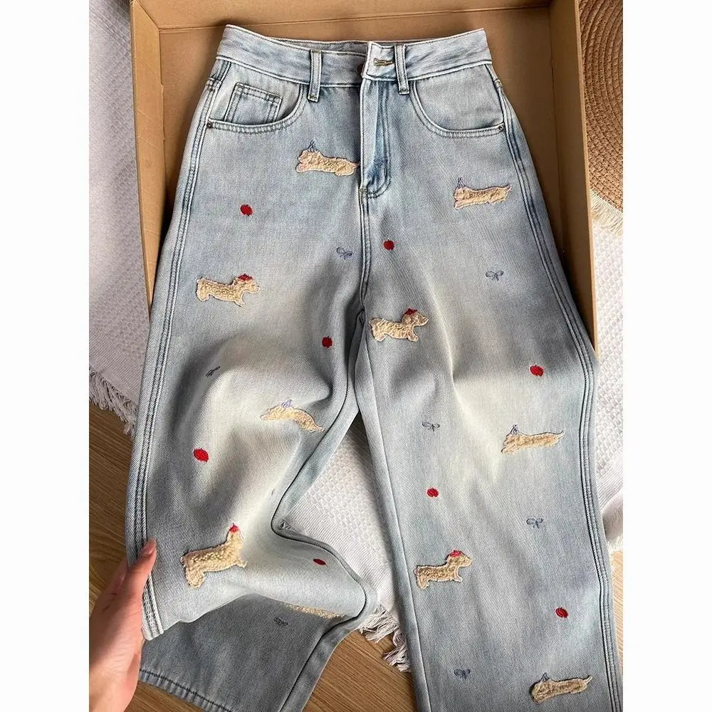Quần Jean Thêu Dachshund Hoạt Hình, Màu Xanh Nhạt, Dành Cho Nữ, Thiết Kế Mùa Thu Và Mùa Đông, Dáng Rộng Vừa Vặn, Cạp Cao, Dài Đến Sàn, Quần Ống Rộng