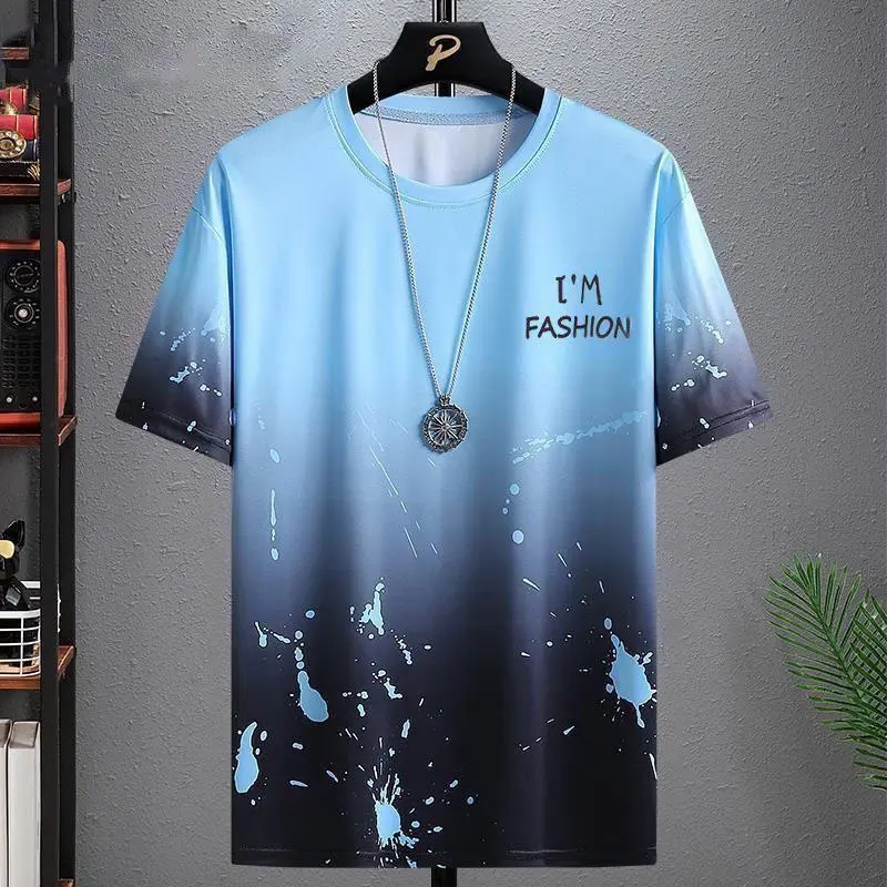 Men's Short-Sleeved T-Shirt New Style Summer Trendy Versatile Loose Gradient ins Clothes Menswear Top Streetwear Tropical Round Neck Crewneck Casual Shadow Lingerie Asian