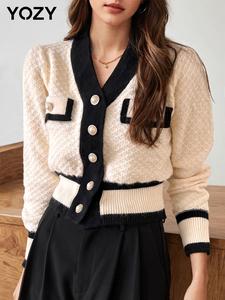 YOZY Women's Colorblock Button Front Flap Detail Cardigan, Elegant Long Sleeve V Neck Cardigan for Fall & Winter, Women's Knit Clothing for Daily Wear