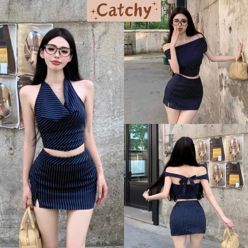 Set Váy 2 Kiểu Áo Yếm Croptop Cổ Đổ Kẻ Sọc Phối Chân Váy Ôm Ngắn Sang Chảnh Dự Tiệc CATCHYstore