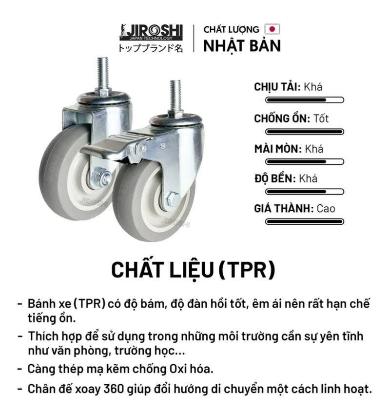 Product Introduction of Bộ 4 bánh xe cao su mini xoay 360 độ, bánh xe TPR chống ồn Jiroshi, loại cọc vít M8 có khóa 10