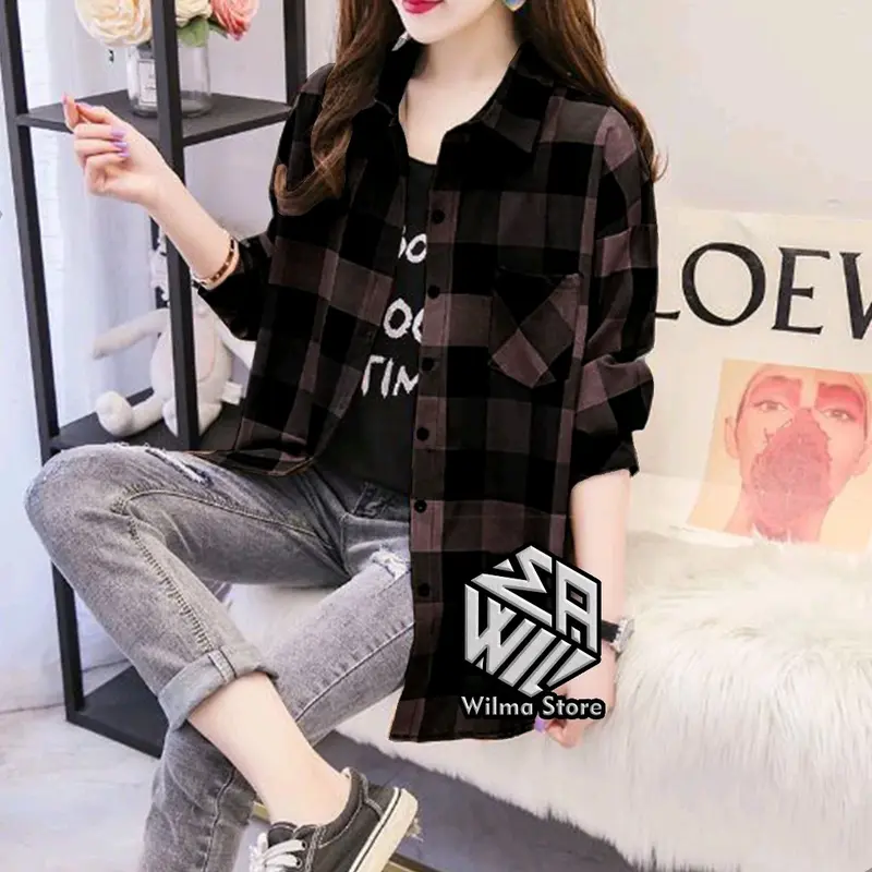 Kemeja Flanel Wanita Lengan Panjang Motif Kotak Best Seller Atasan Casual Baju Oversize Top 4