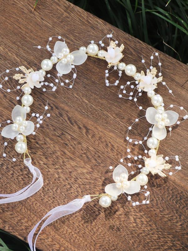 Faux Pearl Decorated Flower Design Headband, Cute Hair Hoop for Wedding Bridal Party Formal Occasions, Fashion Hair Accessories for Girls 0