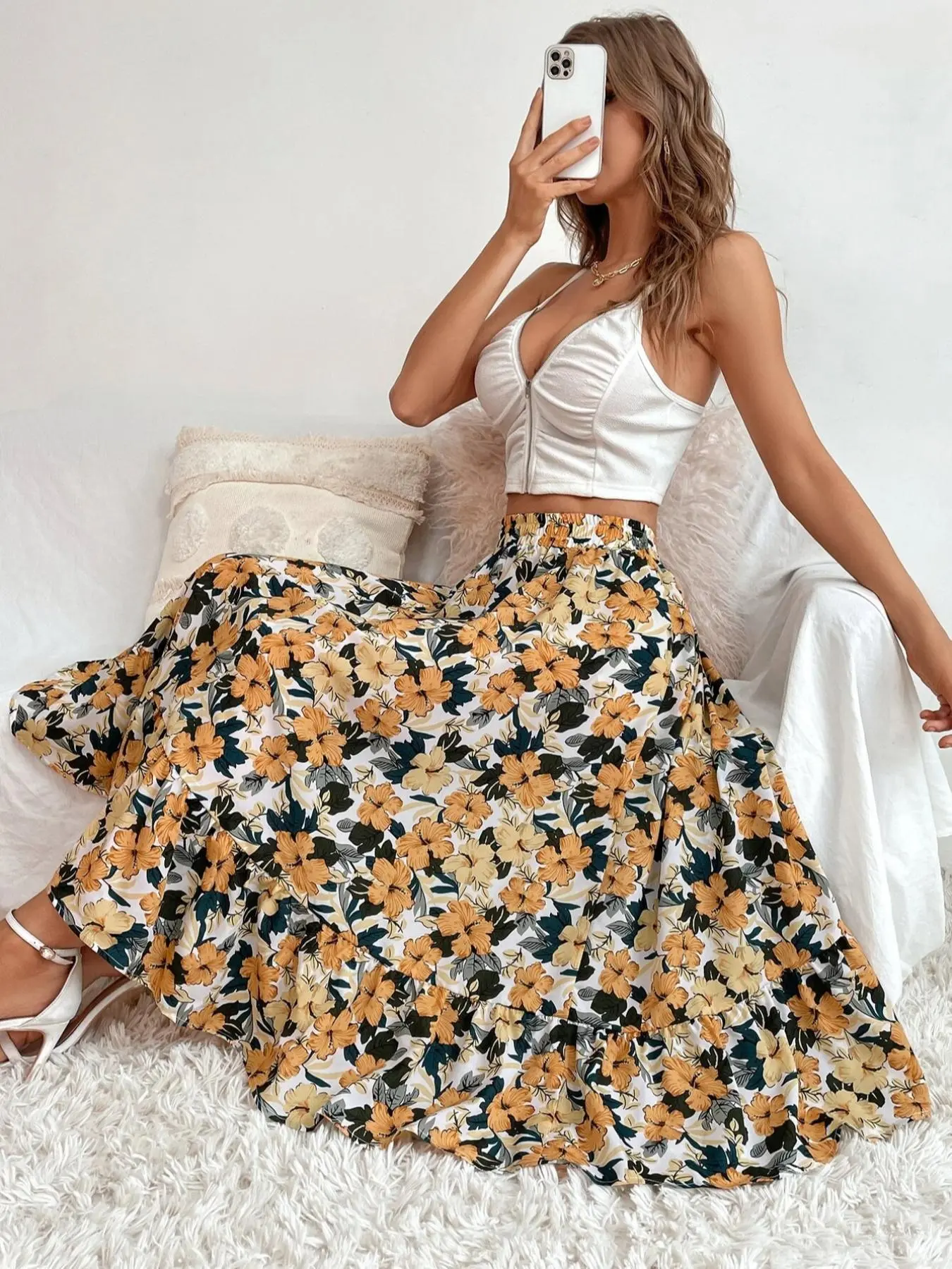 Women's Floral Print Ruffle Hem Elastic Waist Midi Skirt, Summer Clothes, Summer Skirt, Boho Romantic A Line Skirt for Daily Holiday Vacation Wear, Ladies Bottoms for Spring Fall