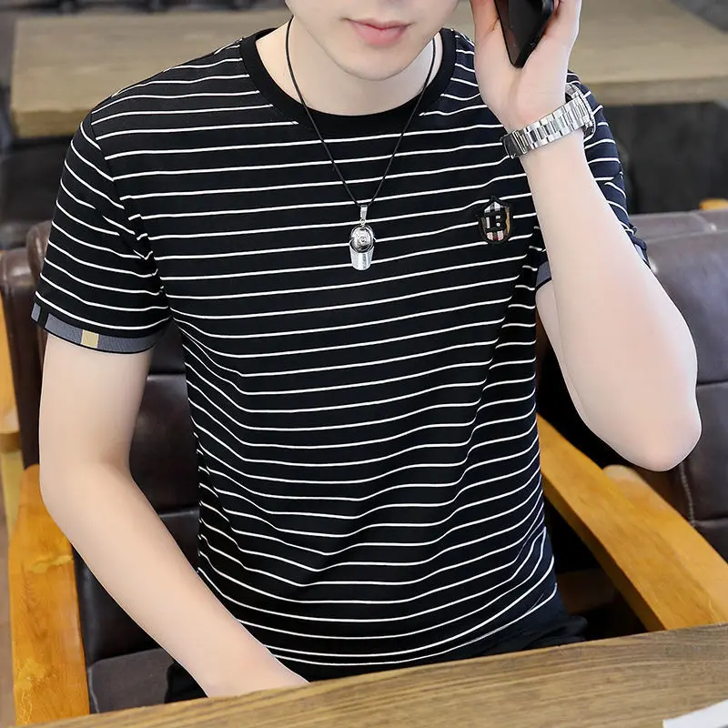 Áo Thun Sọc Mùa Hè, Thương Hiệu Thời Trang Nam, ngắn Tay, Tay Lửng Lụa Lạnh Hợp Xu hướng Ngoại Cỡ, Áo Thun Mỏng, Hahaparty, Hàng Mới Về Năm 2024 Menswear Cổ Tròn